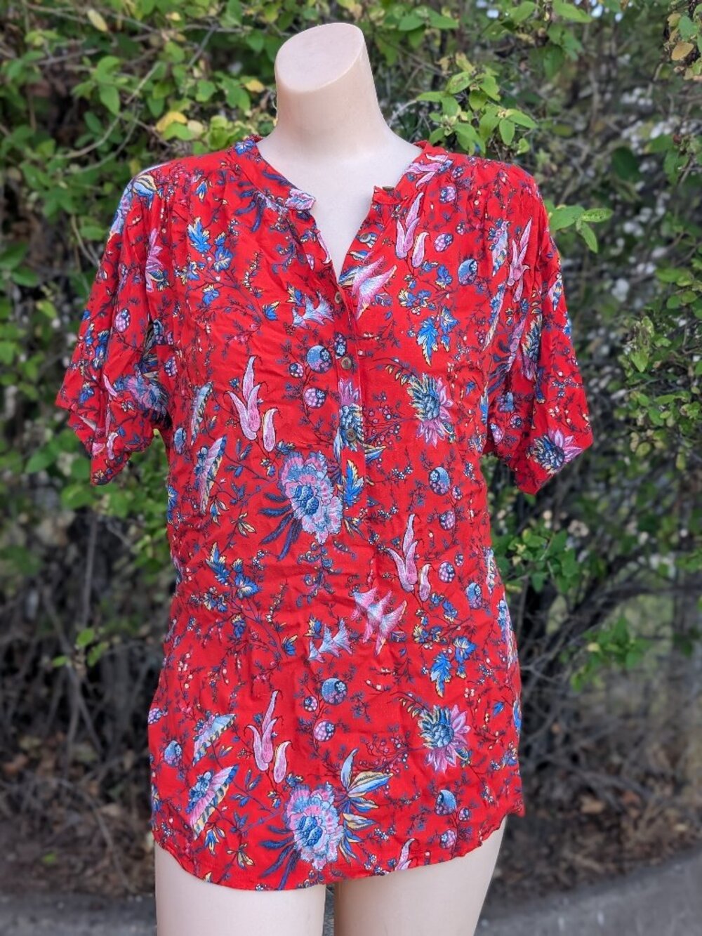 Maeve Anthropologie Windham Red Floral Tunic M Boho Botanical Blouse Maximalist